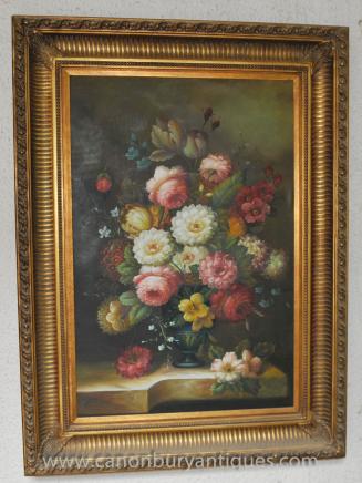 Large Victorian Floral Still Life Oil Painting Flowers Gilt